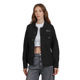 Woman wearing a black jacket with a logo on a white background