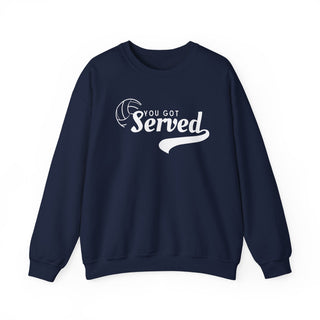 Navy blue sweatshirt with 'You Got Served' text on a white background