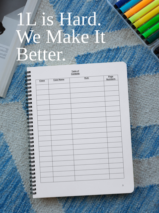 A spiral-bound notebook with a blank tracking sheet displayed on a blue and white patterned rug, with colored pencils in a container and a book partially visible in the background. White text at the top reads, '1L is Hard.