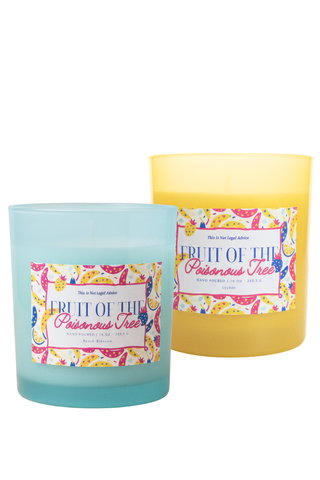 Two candles, one blue and one yellow, with colorful labels on a white background.