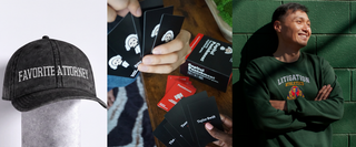 A three-panel collage showing branded apparel and accessories: a black cap with white 'FAVORITE ATTORNEY' text on a mannequin, hands holding black and red cards with visible branding, and a smiling man wearing a dark green sweatshirt against a green brick wall.