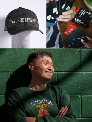 A collage showing three scenes: a black baseball cap on a mannequin head with the words 'FAVORITE ATTORNEY' in white, a close-up of hands holding black cards with red accents, and a smiling man wearing a dark green sweatshirt with 'LITIGATION ATHLETICS' printed on the front, posed against a green brick wall.