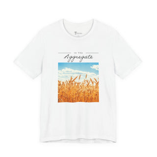 White t-shirt with a graphic of wheat field and text on a white background