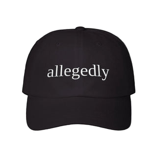 Black cap with 'allegedly' text on a white background