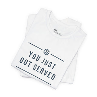 White t-shirt with 'You Just Got Served' text and volleyball graphic on a white background