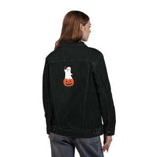 Black denim jacket with ghost and pumpkin design on the back, worn by a person.