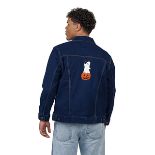 Person wearing a navy denim jacket with a ghost design on the back, standing against a white background.