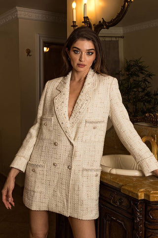 White Pearl Tweed Blazer Style Outerwear: Pearl Tweed / M