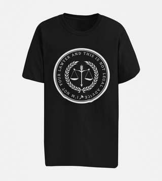 Black t-shirt with a white graphic design on a light gray background