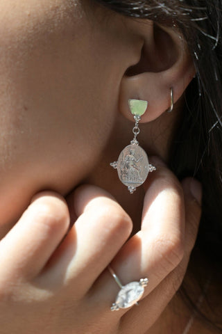 Silver Goddess Themis Drop Stud Earrings - *This is not legal advice