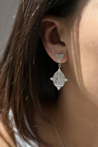 Silver Goddess Themis Drop Stud Earrings - *This is not legal advice